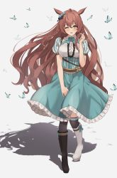 Rule 34 | 1girl, absurdres, ahoge, animal ears, asymmetrical footwear, black footwear, black thighhighs, blush, boots, braid, breasts, brown hair, bug, butterfly, commentary request, dress, frilled dress, frills, full body, green dress, hanazawa ma, highres, horse ears, horse girl, insect, knee boots, large breasts, long hair, mejiro bright (umamusume), mismatched footwear, one eye closed, shadow, solo, standing, thighhighs, tongue, tongue out, twin braids, umamusume, very long hair, white footwear, yellow eyes