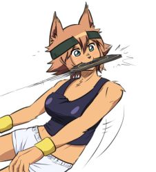 Rule 34 | 10s, 1girl, animal ears, brown eyes, brown hair, claws, dog ears, dog tail, fang, full body, furry, furry female, kobold, monster girl, monster musume no iru nichijou, navel, polt, shadow, simple background, solo, sweatband, tail, usain bolt, white background