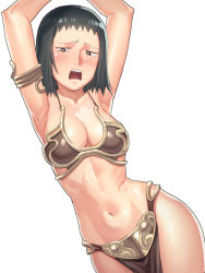 Rule 34 | 10s, 1girl, armor, armpits, arms up, bikini armor, black hair, blush, breasts, cleavage, cosplay, d:, kurata tome, medium breasts, mob face, mob psycho 100, navel, open mouth, pelvic curtain, princess leia organa solo, princess leia organa solo (cosplay), short hair, simple background, solo, star wars, star wars: return of the jedi, tenchisouha, white background