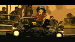 Rule 34 | 10s, 1boy, 1girl, brown hair, car, closed eyes, commentary request, faux traditional media, grin, headlight, high collar, highres, jacket, japanese clothes, kantai collection, kariginu, knee up, leaning back, legs apart, letterboxed, motor vehicle, on vehicle, outstretched arms, pleated skirt, ryuujou (kancolle), short hair, sitting, sitting on object, skirt, sleeveless, smile, socks, spread arms, spread legs, twintails, vehicle focus, visor cap, z-ton