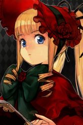 Rule 34 | 1girl, blonde hair, blue eyes, bonnet, book, bow, checkered background, drill hair, expressionless, flower, hungry clicker, looking at viewer, ponytail, red flower, red headwear, red rose, rose, rozen maiden, shinku, sidelocks, solo, upper body