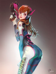 Rule 34 | 1girl, acronym, arched back, armor, artist name, ass, bodysuit, bracer, breasts, brown eyes, brown hair, clothes writing, cowboy shot, d.va (overwatch), facepaint, facial mark, from side, gloves, gradient background, gun, hand on leg, hand on own thigh, hand up, handgun, headphones, high collar, highres, holding, holding gun, holding weapon, large breasts, leaning forward, lips, long hair, looking at viewer, looking back, makeup, overwatch, overwatch 1, pauldrons, pilot suit, pink lips, ribbed bodysuit, ryuukitsueja, shoulder armor, shoulder pads, smile, solo, thigh strap, tongue, tongue out, turtleneck, weapon, whisker markings, white gloves