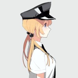 Rule 34 | 10s, 1girl, alternate costume, anchor hair ornament, bad id, bad pixiv id, black necktie, blonde hair, breasts, hageshii nakano, hair ornament, hat, kantai collection, low twintails, medium breasts, military, military hat, military uniform, necktie, peaked cap, prinz eugen (kancolle), shaded face, short sleeves, simple background, solo, twintails, uniform