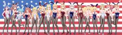 Rule 34 | 6+girls, :q, absurdres, ahoge, alternate costume, alternate hairstyle, american flag, american flag background, anchor hair ornament, animal ears, aqua hair, arm up, atlanta (kancolle), black legwear, black nails, blue eyes, blue footwear, blue hair, blue leotard, blue neckwear, blush, bow, bowtie, braid, breasts, brown hair, cargo net, cleavage, clenched hand, closed mouth, colorado (kancolle), detached collar, double bun, drill hair, earrings, fake animal ears, fake tail, flag background, fletcher (kancolle), full body, gambier bay (kancolle), glasses, gradient hair, green eyes, grey hair, hair between eyes, hair bobbles, hair bun, hair ornament, hand on own hip, helena (kancolle), high heels, highres, holding, honolulu (kancolle), hornet (kancolle), houston (kancolle), intrepid (kancolle), iowa (kancolle), jewelry, johnston (kancolle), kantai collection, large breasts, leg up, leotard, light brown hair, long hair, looking at viewer, medal, medium breasts, mikan 29344886, multicolored hair, multiple girls, nail polish, necktie, northampton (kancolle), one eye closed, open mouth, pantyhose, pink hair, playboy bunny, ponytail, purple eyes, rabbit ears, rabbit tail, red footwear, red hair, red leotard, red neckwear, samuel b. roberts (kancolle), saratoga (kancolle), short hair, simple background, single earring, small breasts, smile, smokestack hair ornament, south dakota (kancolle), standing, star (symbol), star earrings, tail, tongue, tongue out, twin drills, twintails, two side up, w, washington (kancolle), white footwear, white hair, white leotard, white neckwear, wrist cuffs
