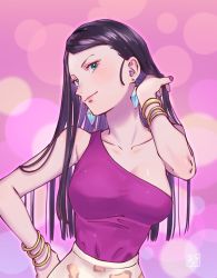 Rule 34 | 1girl, asymmetrical clothes, black hair, bomhat, breasts, character request, collarbone, copyright request, earrings, hand in own hair, head tilt, jewelry, large breasts, lips, long hair, looking at viewer, nail polish, purple nails, purple shirt, shirt, solo, upper body