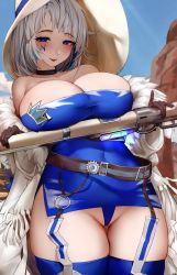 Rule 34 | 1girl, absurdres, alchemy stars, azure (alchemy stars), bare shoulders, belt, black choker, blue eyes, blue hair, blue panties, blue sky, blue thighhighs, blush, breast hold, breasts, choker, cleavage, coat, collarbone, covered navel, day, dress, facial mark, fringe trim, fur-trimmed coat, fur trim, groin, gun, hat, highres, holding, holding gun, holding weapon, large breasts, long sleeves, looking at viewer, multicolored hair, open clothes, open coat, outdoors, panties, pantyshot, parted lips, pixie cut, short dress, short hair, sky, smile, solo, streaked hair, thigh gap, thighhighs, tobiko, tongue, tongue out, two-tone hair, underwear, upskirt, weapon, white coat, white hair, yellow hat