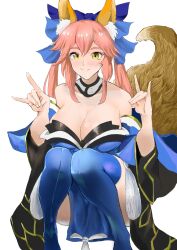 Rule 34 | 1girl, animal ear fluff, animal ears, bare shoulders, blue ribbon, blue thighhighs, blush, breasts, cleavage, closed mouth, commentary request, detached sleeves, fate/extra, fate/grand order, fate (series), fox ears, fox shadow puppet, fox tail, fujibori, hair between eyes, hair ribbon, highres, japanese clothes, large breasts, long hair, looking at viewer, pelvic curtain, pink hair, ribbon, simple background, smile, solo, squatting, tail, tamamo (fate), tamamo no mae (fate/extra), thighhighs, thighs, twintails, white background, wide sleeves, yellow eyes