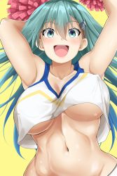Rule 34 | 10s, 1girl, :d, absurdres, alternate costume, aqua eyes, aqua hair, armpits, bare arms, bare shoulders, blush, bouncing breasts, breasts, cheerleader, collarbone, commentary request, covered erect nipples, crop top, crop top overhang, hair between eyes, hair ornament, hairclip, highres, holding, kantai collection, large breasts, long hair, looking at viewer, navel, oekakizuki, open mouth, pom pom (cheerleading), round teeth, simple background, smile, solo, stomach, suzuya (kancolle), teeth, tsurime, unaligned breasts, underboob, upper body, yellow background
