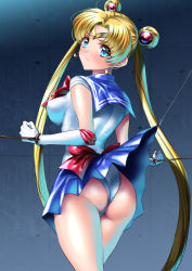 Rule 34 | 1girl, ass, back bow, bishoujo senshi sailor moon, blonde hair, blue eyes, blue sailor collar, blush, bow, breasts, choker, clothes lift, commentary request, elbow gloves, from behind, gloves, indoors, inner senshi, leotard, long hair, looking at viewer, looking back, magical girl, medium breasts, red choker, restrained, sailor collar, sailor moon, sailor senshi, sailor senshi uniform, sen (sansui), shiny skin, skirt, skirt lift, solo, tsukino usagi, twintails