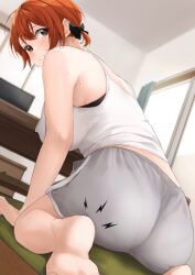 Rule 34 | 1girl, absurdres, akito (d30n26), ass, bare shoulders, barefoot, black bow, black bra, blush, bow, bra, breasts, brown eyes, camisole, clenched teeth, cramp, feet, from behind, from below, grey shorts, hair between eyes, hair bow, highres, indoors, large breasts, looking back, mole, mole on armpit, nagi (akito), orange hair, original, parted lips, short hair, shorts, soles, solo, table, teeth, underwear, white camisole, window