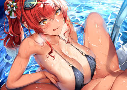 Rule 34 | 1boy, 1girl, azur lane, bare shoulders, belko, bikini, black bikini, blush, breasts, breasts squeezed together, cleavage, collarbone, cum, cum on body, cum on breasts, cum on upper body, goggles, goggles on head, hair between eyes, hair ornament, hetero, highres, huge breasts, licking lips, long hair, looking up, o-ring, open mouth, paizuri, pool, poolside, red hair, side ponytail, sidelocks, smile, solo focus, swimsuit, tongue, tongue out, water, wet, yellow eyes, zara (azur lane), zara (poolside coincidence) (azur lane)