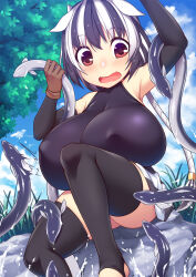 1girl animal animal_ears armpits arms_up bare_shoulders black_gloves black_hair black_leotard black_thighhighs blush breasts brown_eyes brown_gloves cloud cloudy_sky covered_erect_nipples cow_ears cow_girl cow_horns d: eel elbow_gloves eyebrows feet_out_of_frame female_focus gloves grass highres holding holding_animal horns huge_breasts knee_up kokuyouseki leather leather_gloves leotard looking_down multicolored_hair nose_blush on_rock open_mouth oppai_loli original outdoors panicking sexually_suggestive short_hair sitting sky solo splashing stirrup_legwear thighhighs toeless_legwear tree two-tone_hair water wavy_mouth white_hair