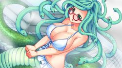 Rule 34 | 1girl, artist request, bare shoulders, bathtub, bikini, breasts, game cg, glasses, green eyes, green hair, lamia, large breasts, looking at viewer, media (monster musume), monster girl, monster musume no iru nichijou, monster musume no iru nichijou online, navel, official art, partially submerged, red-framed eyewear, snake hair, swimsuit, water, white bikini