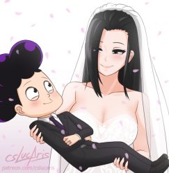Rule 34 | 1boy, 1girl, asymmetrical hair, bare arms, bare shoulders, black hair, blush, boku no hero academia, breasts, bridal veil, bride, carrying, cleavage, closed mouth, collarbone, cslucaris, eyes visible through hair, groom, jewelry, large breasts, long hair, looking at another, mineta minoru, necktie, petals, pink background, princess carry, purple hair, ring, smile, veil, white background, yaoyorozu momo