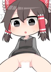 Rule 34 | 1girl, bar censor, black eyes, black hoodie, blush, bottomless, bow, breasts, brown hair, censored, commentary request, cookie (touhou), cowboy shot, frilled bow, frilled hair tubes, frills, hair between eyes, hair bow, hair tubes, hakurei reimu, hood, hood down, hoodie, hospital king, long bangs, looking down, maru (cookie), open mouth, pussy, red bow, simple background, small breasts, solo, touhou, white background