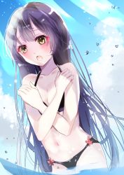 Rule 34 | 1girl, artist name, artist request, bare shoulders, bikini, black bikini, blue hair, blue sky, blush, breasts, brown eyes, cloud, collarbone, covering privates, covering chest, crossed arms, curly hair, day, female focus, hair between eyes, highres, long hair, looking at viewer, love live!, love live! school idol project, ocean, outdoors, parted lips, sky, smile, solo, sonoda umi, string bikini, swimsuit, yellow eyes
