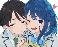 1boy 1girl ahoge black_hair blue_bow blue_bowtie blue_eyes blue_hair blue_trim bow bowtie brown_cardigan brown_eyes cardigan cheek-to-cheek close-up closed_mouth collared_shirt finger_heart green_necktie heads_together heart imigimuru jacket lapels long_sleeves looking_at_viewer looking_to_the_side make_heroine_ga_oo_sugiru! medium_hair necktie notched_lapels nukumizu_kazuhiko one_eye_closed open_mouth parted_bangs portrait school_uniform shirt short_hair sideways_glance sleeves_past_wrists sweatdrop white_background white_jacket white_shirt yanami_anna yellow_bow yellow_bowtie