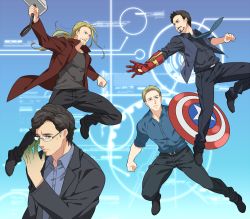 Rule 34 | 4boys, animification, avengers: age of ultron, avengers (series), bad id, bad pixiv id, bruce banner, casual, formal, glasses, gradient background, hammer, male focus, marvel, marvel cinematic universe, multiple boys, shield, steve rogers, striped, striped background, suit, thor (marvel), tony stark, yukko93