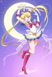 1girl back_bow bishoujo_senshi_sailor_moon blonde_hair blue_eyes blue_sailor_collar blush boots bow brooch choker crescent_moon double_bun elbow_gloves gloves hair_bun hair_ornament heart heart_brooch heart_choker high_heel_boots high_heels highres holding holding_weapon jewelry kaleidomoon_scope knee_boots long_hair magical_girl moon multicolored_clothes multicolored_skirt one_eye_closed open_mouth red_bow red_footwear sailor_collar sailor_moon sailor_senshi_uniform see-through_bow skirt sky smile solo standing standing_on_one_leg star_(sky) starry_sky super_sailor_moon tsukikiba_ron twintails weapon white_gloves