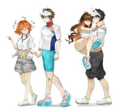 2boys 2girls ahoge bare_shoulders belt black_hair black_shorts blue_eyes blue_footwear blue_one-piece_swimsuit blue_shorts breasts brown_eyes brown_hair bulge carrying cropped_shirt drawstring fate/grand_order fate_(series) fujimaru_ritsuka_(female) fujimaru_ritsuka_(female)_(summer_street) fujimaru_ritsuka_(male) full_body grey_shorts grin hair_ornament hair_scrunchie hat highres holding_hands hooded_shirt jacket jewelry kishinami_hakuno_(female) kishinami_hakuno_(male) long_hair medium_breasts midriff multicolored_clothes multicolored_swimsuit multiple_boys multiple_girls navel necklace obazzotto one-piece_swimsuit one_side_up orange_eyes orange_hair ponytail princess_carry sandals scrunchie see-through_clothes shirt shirt_overhang shoes short_hair short_sleeves shorts sidelocks small_breasts smile sneakers swimsuit visor_cap white_footwear white_hat white_jacket white_one-piece_swimsuit white_shirt