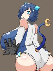 Rule 34 | 1girl, absurdres, ass, ass focus, blue eyes, blue hair, breasts, character request, chestnut mouth, female focus, grey background, hair over one eye, highres, huge breasts, nishiki (artist), one-piece swimsuit, pale skin, shiny skin, short hair, sideboob, solo, swimsuit, tail, wide hips