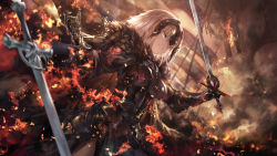 Rule 34 | 1girl, armor, armored dress, army, azomo, banner, black armor, black capelet, black cloak, black dress, black gloves, blurry, breasts, capelet, cloak, cowboy shot, depth of field, dragon, dress, dutch angle, fate/grand order, fate (series), faulds, fire, from below, fur-trimmed cloak, fur collar, fur trim, gauntlets, gloves, grey hair, hair between eyes, headpiece, highres, holding, holding sword, holding weapon, jeanne d&#039;arc (fate), jeanne d&#039;arc alter (avenger) (fate), jeanne d&#039;arc alter (avenger) (first ascension) (fate), jeanne d&#039;arc alter (fate), large breasts, looking away, outdoors, plackart, planted, planted sword, planted weapon, short hair, smile, smirk, smoke, solo, standing, sword, tsurime, weapon, white hair, wind, yellow eyes