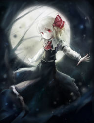Rule 34 | 1girl, blonde hair, frilled skirt, frills, full moon, hair ribbon, highres, moon, night, outstretched arms, parted lips, red eyes, ribbon, rumia, shirt, short hair, skirt, solo, spark621, spread arms, touhou, vest