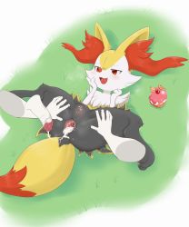 Rule 34 | 1boy, 1girl, :3, aftersex, animal ear fluff, animal ears, animal hands, anus, ass juice, blush, braixen, breath, cherry, cleft of venus, clitoris, creatures (company), cum, cum in ass, cum string, cumdrip, cupcake, disembodied limb, erection, fangs, food, fox ears, fox tail, fruit, full body, furry, game freak, gaping, gen 6 pokemon, grass, green background, half-closed eyes, hand on own face, hands up, happy, hetero, highres, interspecies, lying, nintendo, on back, open mouth, orange (fruit), orange slice, outdoors, pawpads, penis, pokemon, pokemon (creature), pokephilia, pussy, pussy juice, red eyes, sake kemosalmon, saliva, shiny skin, smile, spread legs, tail, tongue, uncensored, veins, veiny penis