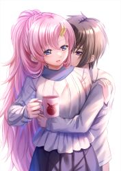 Rule 34 | 1boy, 1girl, :d, blue eyes, blue skirt, breasts, brown hair, collared shirt, commentary request, cup, gundam, gundam seed, gundam seed freedom, hair between eyes, hair ornament, highres, holding, holding cup, hug, kira yamato, lacus clyne, long hair, long sleeves, medium breasts, mug, open mouth, parted bangs, pink hair, pleated skirt, ponytail, purple eyes, shirt, simple background, skirt, smile, toshi (1-147), very long hair, white background, white shirt