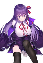 Rule 34 | 1girl, ayul (ayulneri 92), bb (fate), bb (fate/extra), black thighhighs, bow, breasts, fate/extra, fate/extra ccc, fate/grand order, fate (series), gloves, hair ribbon, highres, large breasts, long hair, purple eyes, purple hair, ribbon, sitting, solo, thighhighs, white background