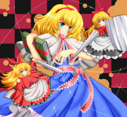 Rule 34 | 1girl, alice margatroid, archienemy, bad id, bad pixiv id, blonde hair, blue eyes, book, capelet, doll, female focus, hairband, hourai doll, iyuuki, long hair, middle finger, noose, polearm, shanghai doll, shield, short hair, solo, spear, sword, touhou, weapon