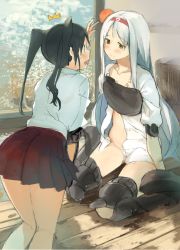 Rule 34 | 10s, 2girls, ^^^, akinashi yuu, arm up, black hair, blush, closed mouth, collarbone, eye contact, eyebrows, hairband, head bump, indoors, kantai collection, long hair, looking at another, multiple girls, muneate, open clothes, open mouth, panties, pleated skirt, profile, red skirt, shoukaku (kancolle), sitting, skirt, sweatdrop, tears, torn clothes, twintails, underwear, wariza, water, white hair, white panties, wooden floor, zuikaku (kancolle)