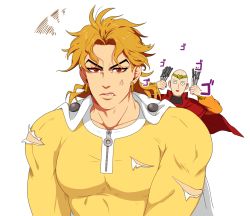 Rule 34 | 2boys, anger vein, bald, birthmark, blonde hair, cape, collarbone, cosplay, costume switch, crossover, dio brando, dio brando (cosplay), earrings, fang, headband, jewelry, jojo no kimyou na bouken, knife, male focus, multiple boys, muscular, one-punch man, red eyes, saitama (one-punch man), saitama (onepunch man) (cosplay), tariah furlow, throwing knife, torn clothes, vampire