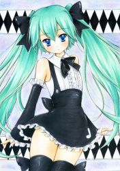 Rule 34 | 1girl, aqua hair, bare shoulders, blue eyes, bow, bowtie, hair bow, hatsune miku, long hair, marker (medium), my (mylilla811), project diva, project diva (series), skirt, solo, thighhighs, traditional media, twintails, very long hair, vocaloid