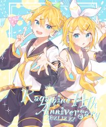 Rule 34 | 1boy, 1girl, 2021, :d, absurdres, black sleeves, blonde hair, bow, bow hairband, brother and sister, character name, collarbone, collared shirt, dated, detached sleeves, grey sailor collar, grey shorts, hair bow, hairband, headphones, headset, highres, kagamine len, kagamine rin, kurobikari, long sleeves, looking at viewer, microphone, midriff, nail polish, navel, neckerchief, open mouth, sailor collar, sailor shirt, shirt, short hair, short shorts, shorts, siblings, sleeveless, sleeveless shirt, smile, stomach, twins, v, vocaloid, white bow, white hairband, white shirt, yellow nails, yellow neckerchief