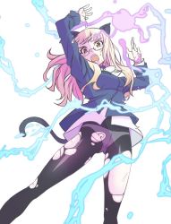 Rule 34 | 1girl, 5to rai, animal ears, arm above head, blonde hair, blue jacket, cat ears, cat tail, gluteal fold, highres, jacket, lightning, long hair, looking at viewer, open mouth, panties, panties under pantyhose, pantyhose, perrine h. clostermann, semi-rimless eyewear, solo, strike witches, tail, teeth, thighs, torn clothes, torn panties, torn pantyhose, under-rim eyewear, underwear, uniform, white background, white panties, world witches series, yellow eyes