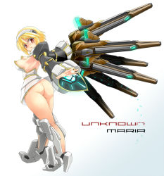 Rule 34 | 1girl, armpits, ass, bare legs, bare shoulders, blonde hair, breasts, brown eyes, densou tenshi valforce, detached sleeves, dress, from behind, funnels (gundam), hairband, highres, karukan (monjya), looking back, mecha musume, no panties, open mouth, outstretched hand, parted lips, rikudou maria, short hair, sideboob, smile, solo, strapless, strapless dress, thighhighs, upskirt