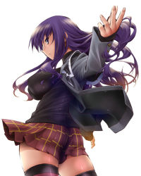 Rule 34 | 1girl, black sweater, breasts, impossible clothes, impossible sweater, jacket, jon shicchiou, large breasts, long hair, looking at viewer, looking back, malariya, miniskirt, open clothes, open jacket, pleated skirt, purple eyes, purple hair, quiz magic academy, ribbed sweater, skirt, sleeves past wrists, solo, sweater, thighhighs, turtleneck, turtleneck sweater, white background, wind, zettai ryouiki