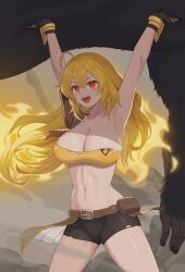 Rule 34 | 1girl, ahoge, armpits, arms up, belt, black shorts, blonde hair, breasts, brown belt, cleavage, highres, holding, large breasts, long hair, looking at viewer, midriff, monster, navel, open mouth, red eyes, rwby, shorts, solo, stomach, teeth, torn clothes, torn shorts, upper teeth only, wangxiii, yang xiao long