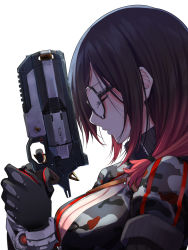 Rule 34 | 1girl, black gloves, breasts, brown hair, camouflage, cleavage, commentary request, from side, glasses, gloves, gradient hair, gun, highres, holding, holding gun, holding weapon, hololive, large breasts, long sleeves, mechanical arms, mikan (chipstar182), multicolored clothes, multicolored gloves, multicolored hair, parted lips, profile, red gloves, roboco-san, roboco-san (1st costume), short hair, simple background, solo, teardrop-framed glasses, upper body, virtual youtuber, weapon, white background