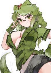 Rule 34 | &gt;:), 1girl, adjusting eyewear, black shorts, braid, breasts, closed mouth, collared vest, crocodilian tail, fingerless gloves, glasses, gloves, green eyes, green gloves, green hair, green vest, hair ribbon, hand on eyewear, hand on own hip, hand up, high collar, highres, jknor, kemono friends, large breasts, long hair, looking at viewer, midriff peek, over-rim eyewear, plunging neckline, ribbon, semi-rimless eyewear, short shorts, short sleeves, shorts, shorts under shorts, sketch, smile, solo, spectacled caiman (kemono friends), spiked gloves, stomach, tail, twin braids, v-shaped eyebrows, vest