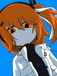 Rule 34 | 1girl, a.i. voice, adachi rei, black shirt, blue background, closed mouth, hair between eyes, hair ribbon, hashtag-only commentary, jacket, kebamushi, looking at viewer, medium hair, one side up, open clothes, open jacket, orange eyes, orange hair, ribbon, shirt, simple background, solo, turtleneck, upper body, utau, white jacket, white ribbon