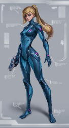 Rule 34 | 1girl, blonde hair, blue bodysuit, blue eyes, bodysuit, breasts, closed mouth, commentary, expressionless, full body, grey background, high ponytail, highres, holding, holding weapon, imdrunkontea, lips, long hair, metroid, mole, mole under mouth, nintendo, paralyzer, ponytail, redesign, samus aran, simple background, skin tight, small breasts, solo, standing, turtleneck, weapon, zero suit