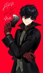 Rule 34 | 1boy, absurdres, amamiya ren, black coat, black hair, btmr game, closed mouth, coat, controller, crossed arms, game console, game controller, gloves, hair between eyes, highres, holding, long sleeves, male focus, one eye closed, persona, persona 5, persona 5 the royal, playstation 4, red background, red eyes, red gloves, simple background, solo, star (symbol)