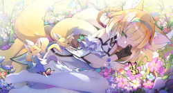 Rule 34 | 1girl, animal, animal ear fluff, animal ears, arknights, bare shoulders, black gloves, blonde hair, blue flower, braided hair rings, bug, butterfly, commentary request, day, dress, field, flower, flower field, fox, fox ears, fox girl, fox tail, gloves, green eyes, grey hairband, hairband, hands up, highres, insect, kitsune, lying, no shoes, off-shoulder dress, off shoulder, on grass, on side, outdoors, pantyhose, pink flower, purple flower, red flower, rubbing eyes, single glove, sleepy, solo, sunlight, suzuran (arknights), tail, waking up, white dress, white flower, white pantyhose, xiaoxiao nanjue buyaokeng