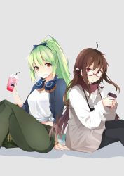 Rule 34 | 2girls, alternate costume, azur lane, breasts, brown eyes, brown hair, casual, coffee cup, commentary, cup, disposable cup, glasses, green hair, headphones, highres, london (azur lane), looking at viewer, multiple girls, myuto (advent retribution), pantyhose, ponytail, red eyes, scarf, shropshire (azur lane), simple background, sitting, smile, smoothie