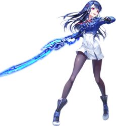 Rule 34 | 1girl, blue hair, boots, covered navel, dress, feet, full body, hand up, happy, highres, holding, holding weapon, legs, legs apart, long hair, looking at viewer, open mouth, pantyhose, pink eyes, smile, solo, standing, sword, thighs, transparent background, unitia, weapon, white dress