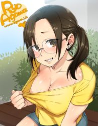 Rule 34 | 1girl, agawa ryou, artist name, bad id, bad tumblr id, breasts, brown eyes, brown hair, cleavage, clothes pull, cross, cross earrings, denim, denim shorts, earrings, glasses, grin, jewelry, lips, long hair, looking at viewer, medium breasts, nipple slip, nipples, no bra, ponytail, pulling own clothes, shorts, signature, smile, solo, sweat, twintails