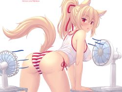 Rule 34 | 1girl, :o, animal ears, ass, bare shoulders, bent over, blonde hair, blush, breasts, cameltoe, cat ears, cat girl, cat tail, commentary, covered erect nipples, crop top, electric fan, english commentary, fanning crotch, from behind, hair between eyes, hair ribbon, highres, large breasts, leaning on table, long hair, looking at viewer, looking back, no bra, no pants, nottytiffy, open mouth, original, panties, ponytail, red eyes, red ribbon, ribbon, see-through, shirt, side-tie panties, simple background, slit pupils, solo, staring, striped clothes, striped panties, sweat, tail, tank top, thighs, tiffy (nottytiffy), underwear, wet, wet clothes, wet shirt
