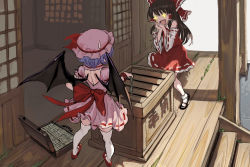 Rule 34 | + +, 2girls, backless dress, backless outfit, bat wings, black footwear, black hair, blue hair, bow, box, detached sleeves, donation box, dress, fkey, hair bow, hair tubes, hakurei reimu, hat, hat ribbon, long hair, mob cap, money, multiple girls, open mouth, own hands together, pink dress, pink hat, red bow, red footwear, red ribbon, red skirt, remilia scarlet, ribbon, ribbon-trimmed skirt, ribbon-trimmed sleeves, ribbon trim, sash, shoes, shrine, sidelocks, skirt, smile, socks, stairs, standing, suitcase, sweatdrop, thighhighs, touhou, white legwear, wide sleeves, wings, wooden floor, wrist cuffs